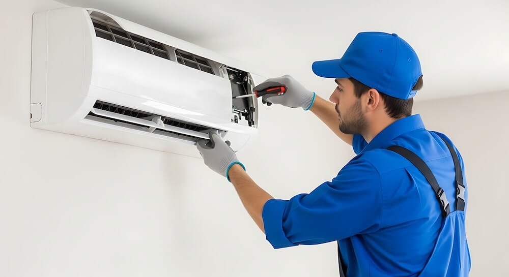 Air conditioning unit being serviced and maintained
